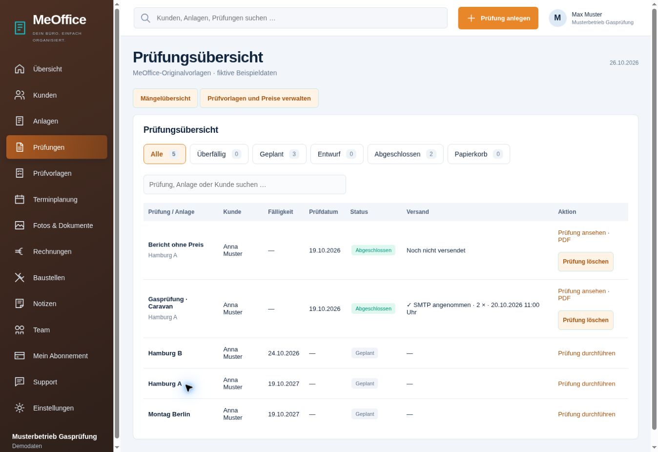Prüfungsübersicht aus MeOffice mit fiktiven Beispieldaten